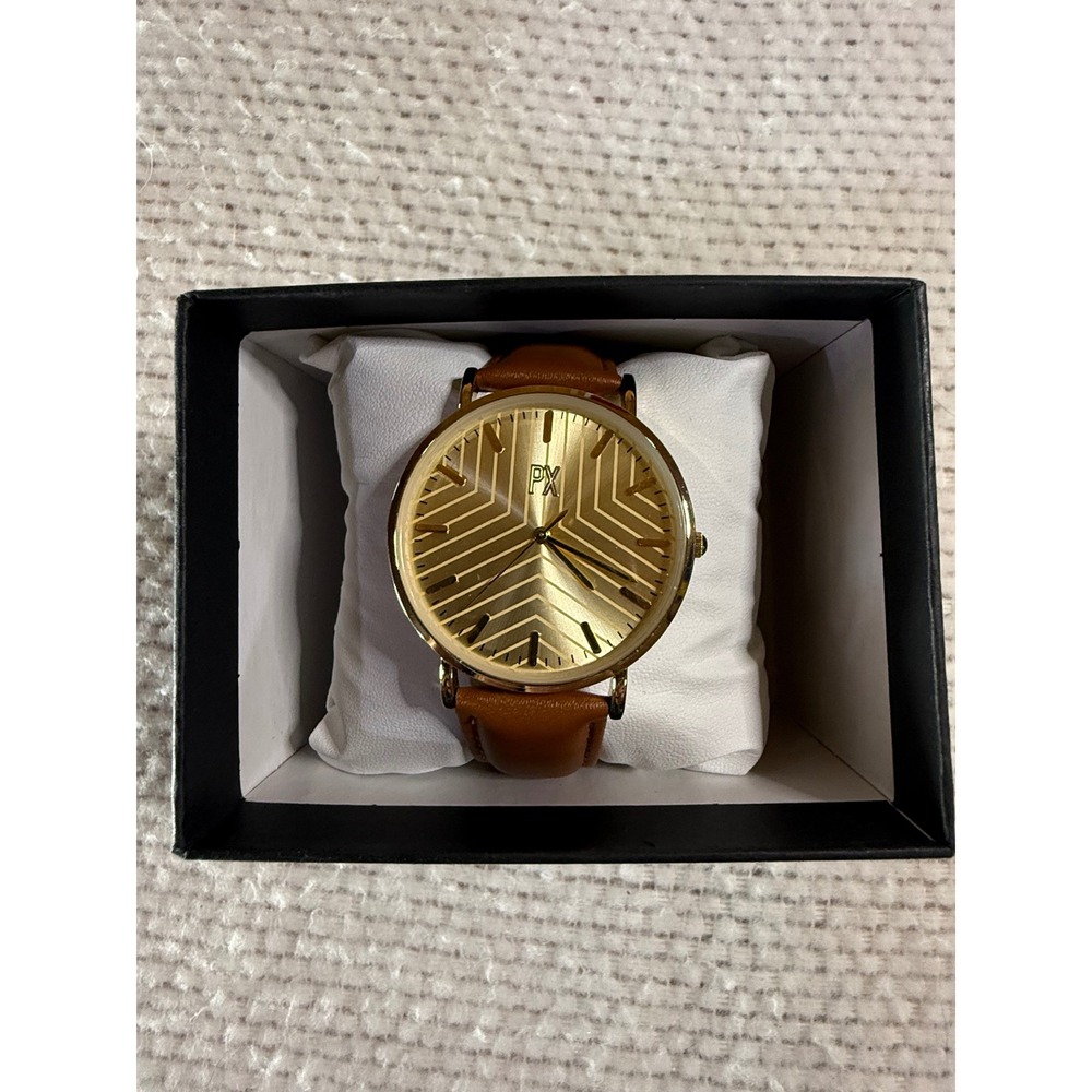 PX Men Gold Chevron Dial Watch Cognac Brown Leather Strap 1WA3045M New in Box